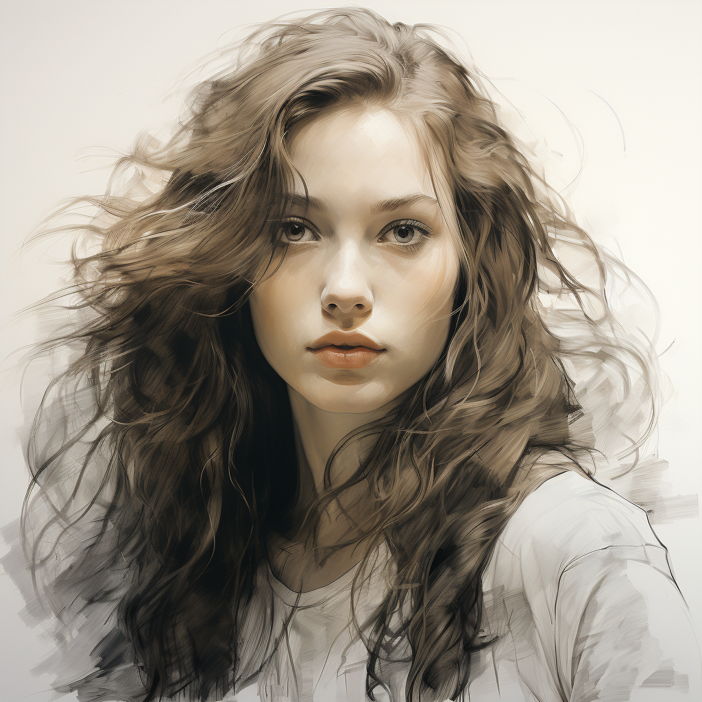صورة مولدة بالذكاء الاصطناعي: Midjourney prompt: a pencil sketch of a girl, with long hair, in the ... (نموذج Midjourney - صور شخصية)