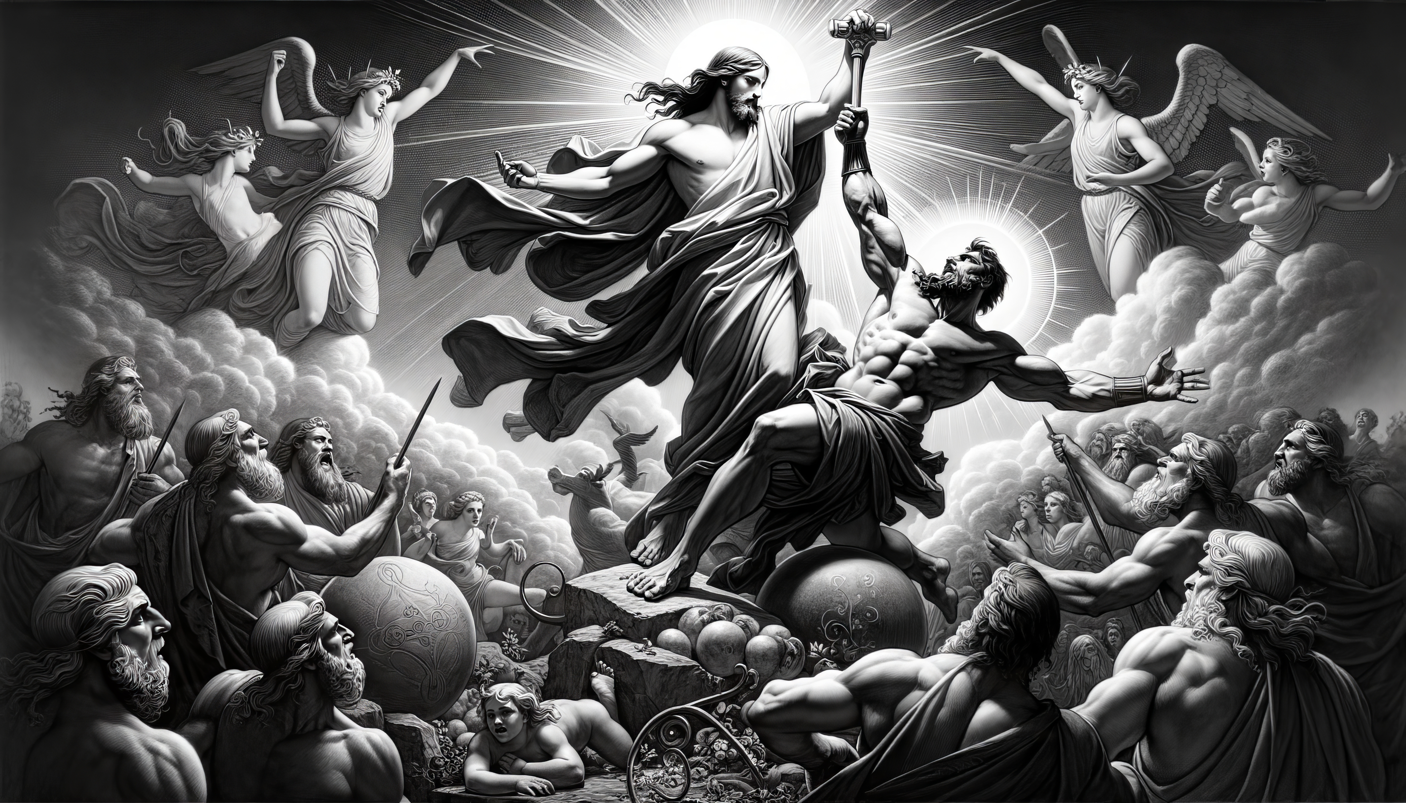 DALL·E prompt: A grand allegorical painting depicting a contest o... - DALL·E