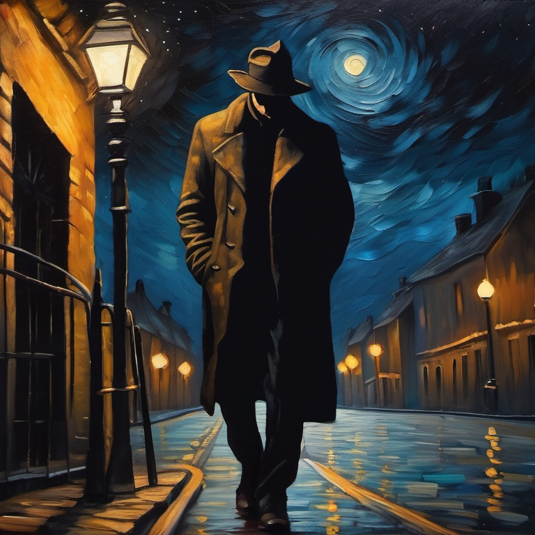 صورة مولدة بالذكاء الاصطناعي: Stable Diffusion prompt: an oil painting of a male murderer silhouette on t... (نموذج Stable Diffusion - فن مفاهيمي)