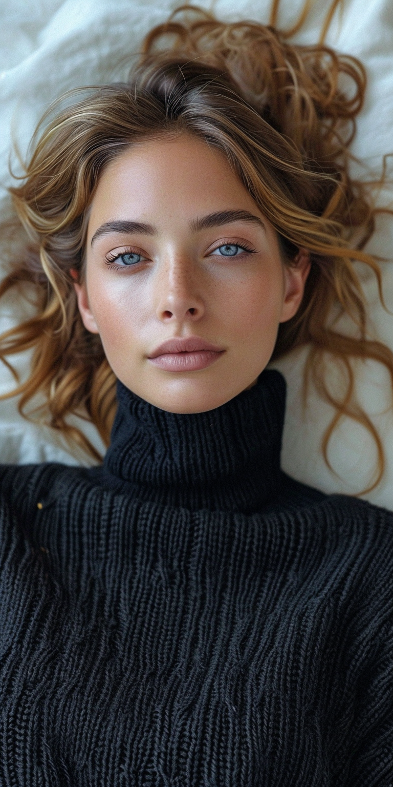 AI generated: Midjourney prompt: a beautiful woman laying down in a black turtlenec... (Midjourney - Photography)