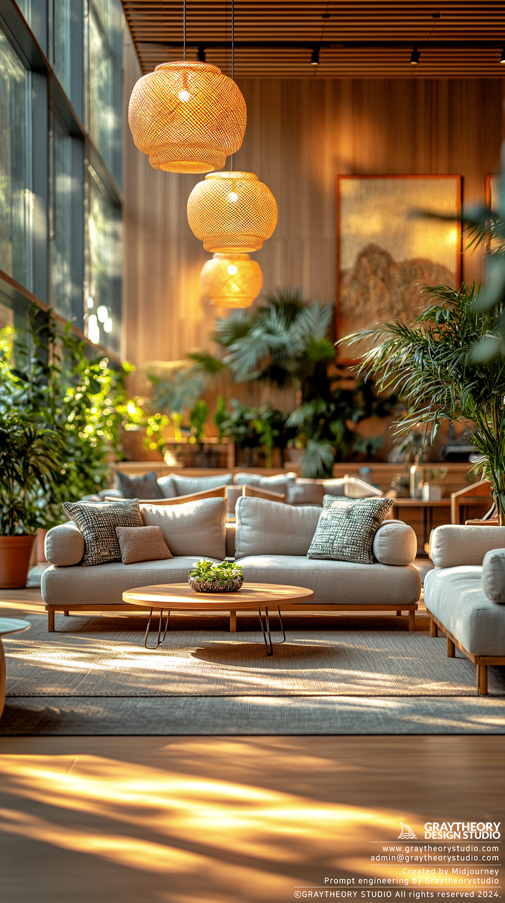 صورة مولدة بالذكاء الاصطناعي: Reception lounge area interior design (نموذج Midjourney - تصميم داخلي)