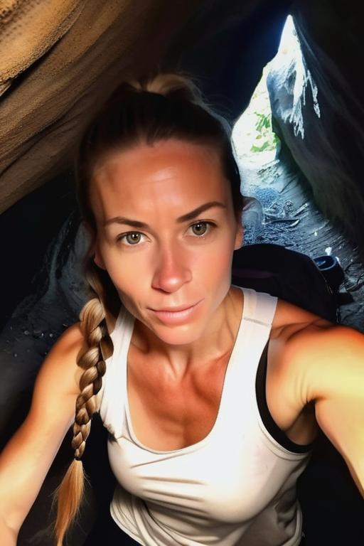 AI generated: Realistic Vision V2.0 prompt: selfie of (fit:0.7) woman, braided hair, spelunkin... (Realistic Vision V2.0 - Photography)