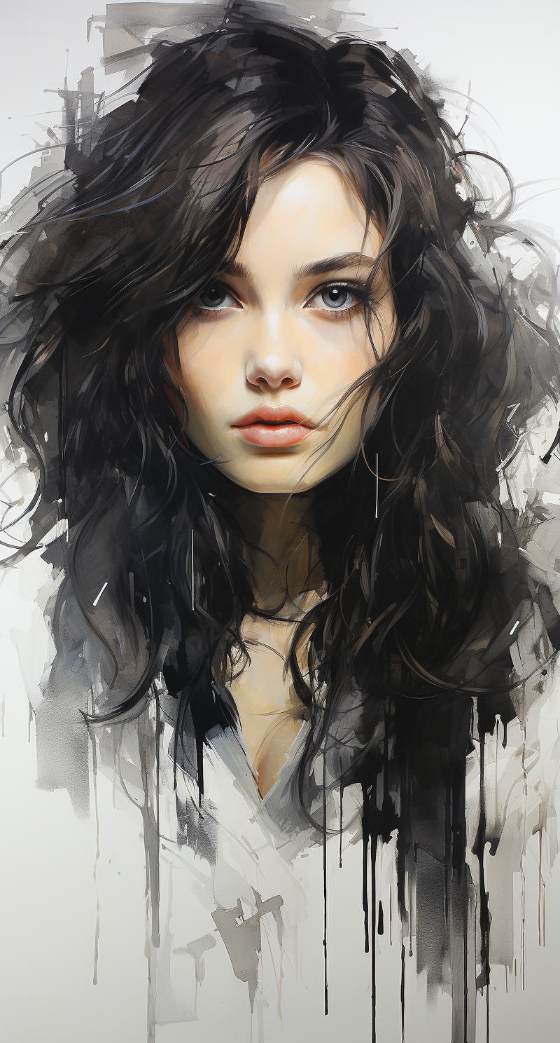 Midjourney prompt: the painting of a girl with long hair, in the styl... - Midjourney