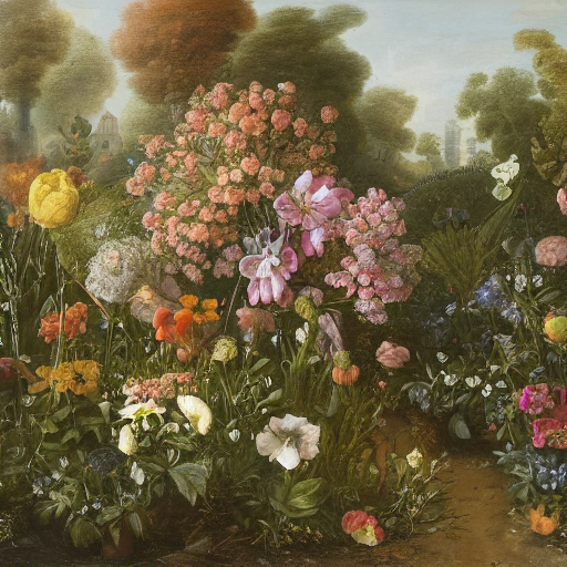 AI generated: Stable Diffusion prompt: garden bursting with flowers Paulina Góra, Rachel (Stable Diffusion - Concept Art)