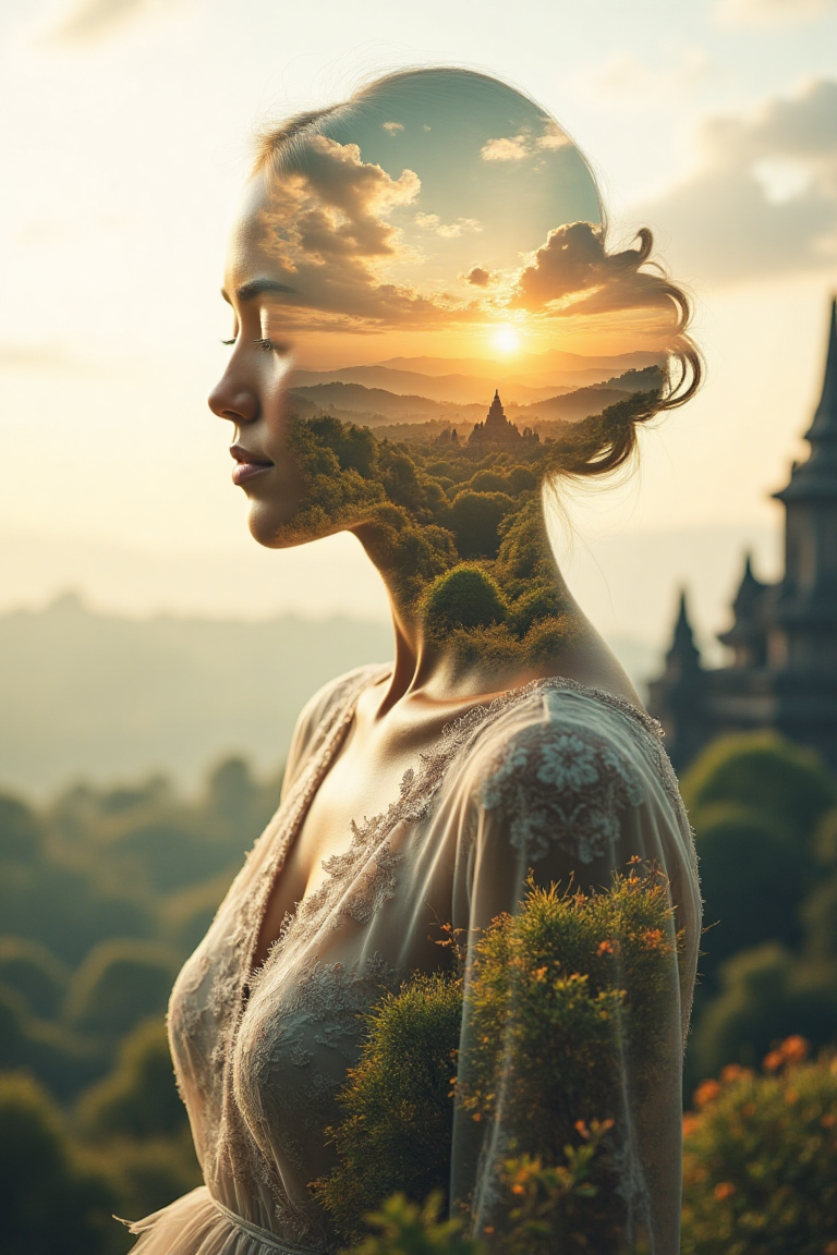 FLUX prompt: Double exposure portrait of a serene woman w...