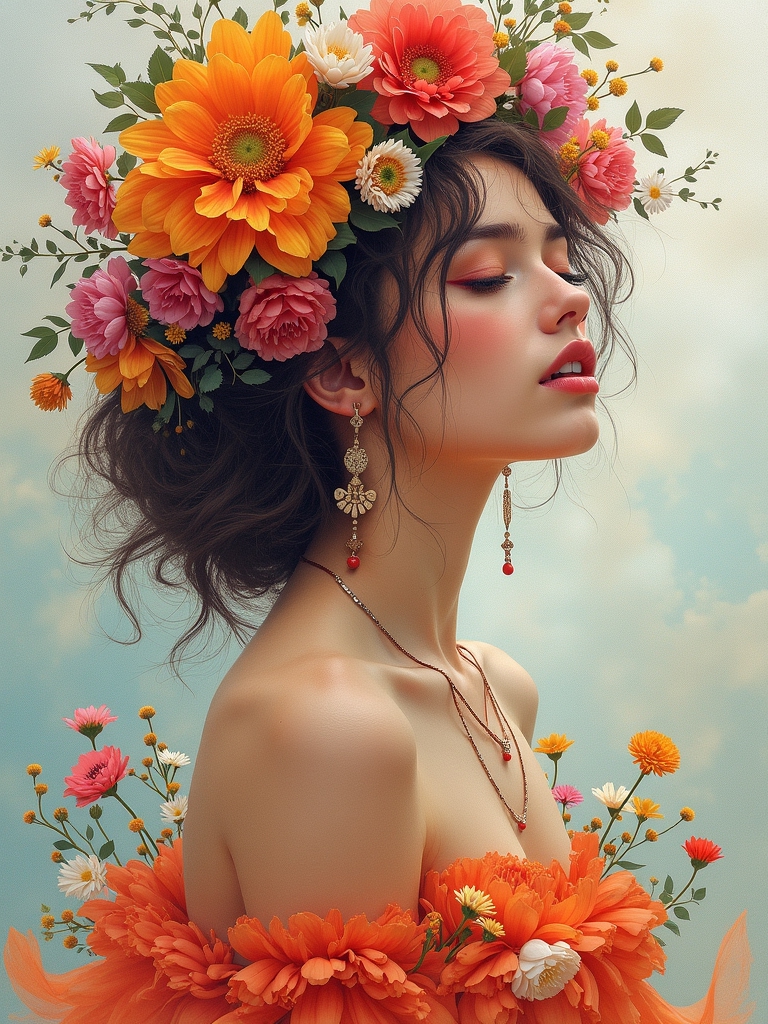 AI generated: FLUX prompt: commercial illustration of a woman dressed in flow... (FLUX - Portraits)
