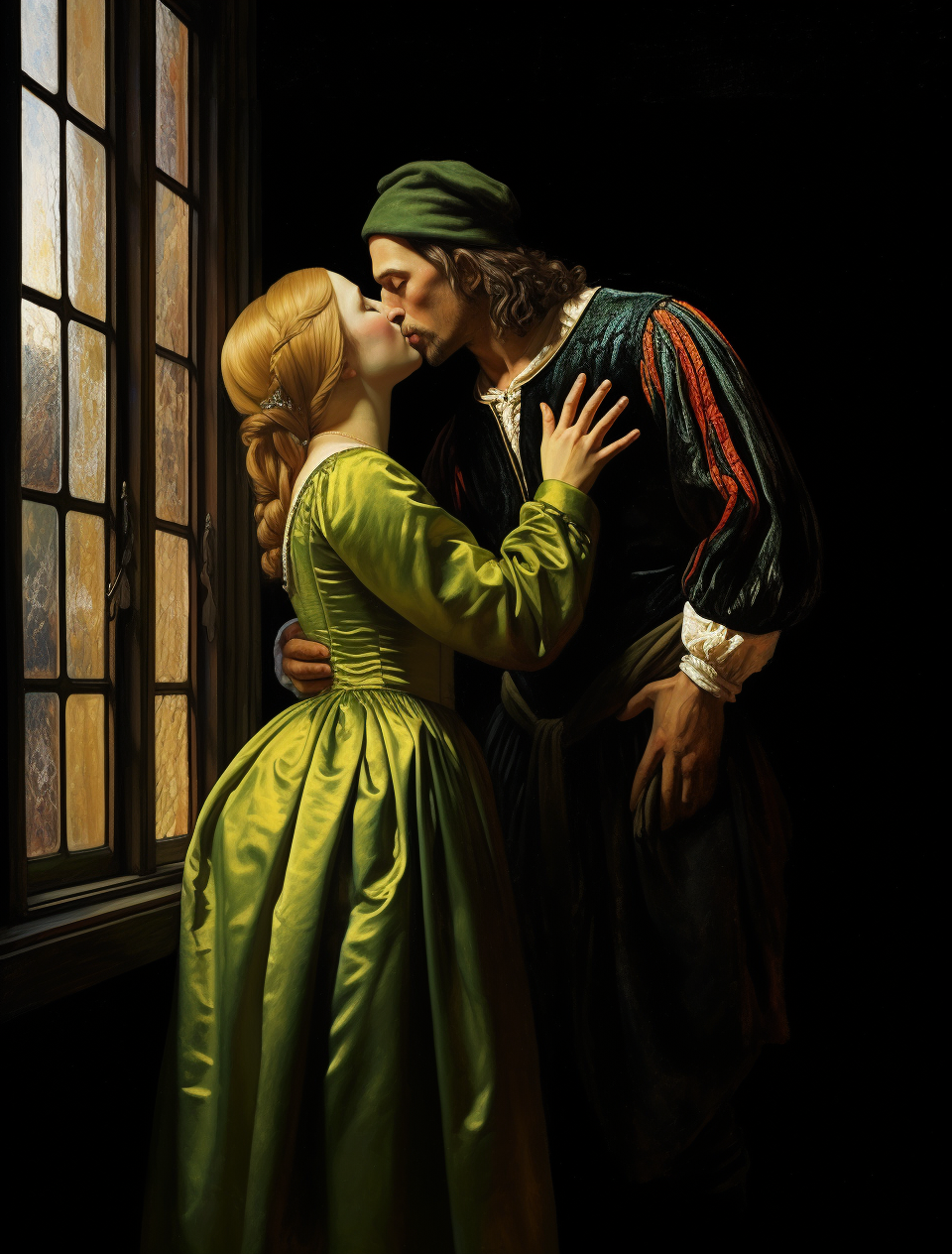 AI generated: Midjourney prompt: a man kissing a woman with a curtain, in the style... (Midjourney - Photography)
