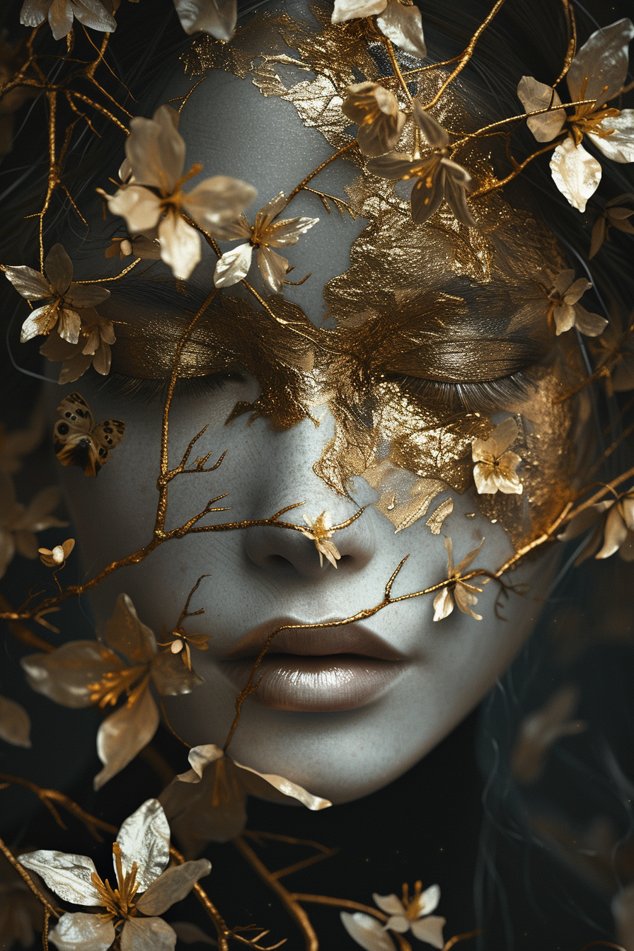 Midjourney prompt: the woman's face was painted with golden, in the s... - Midjourney