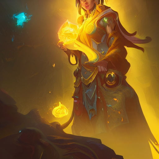 Stable Diffusion prompt: a female mage, yellow theme, bri...