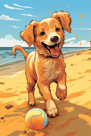 صورة مولدة بالذكاء الاصطناعي: Midjourney prompt: cute puppy playing fetch on sunny beach background... (نموذج Midjourney - صور شخصية)