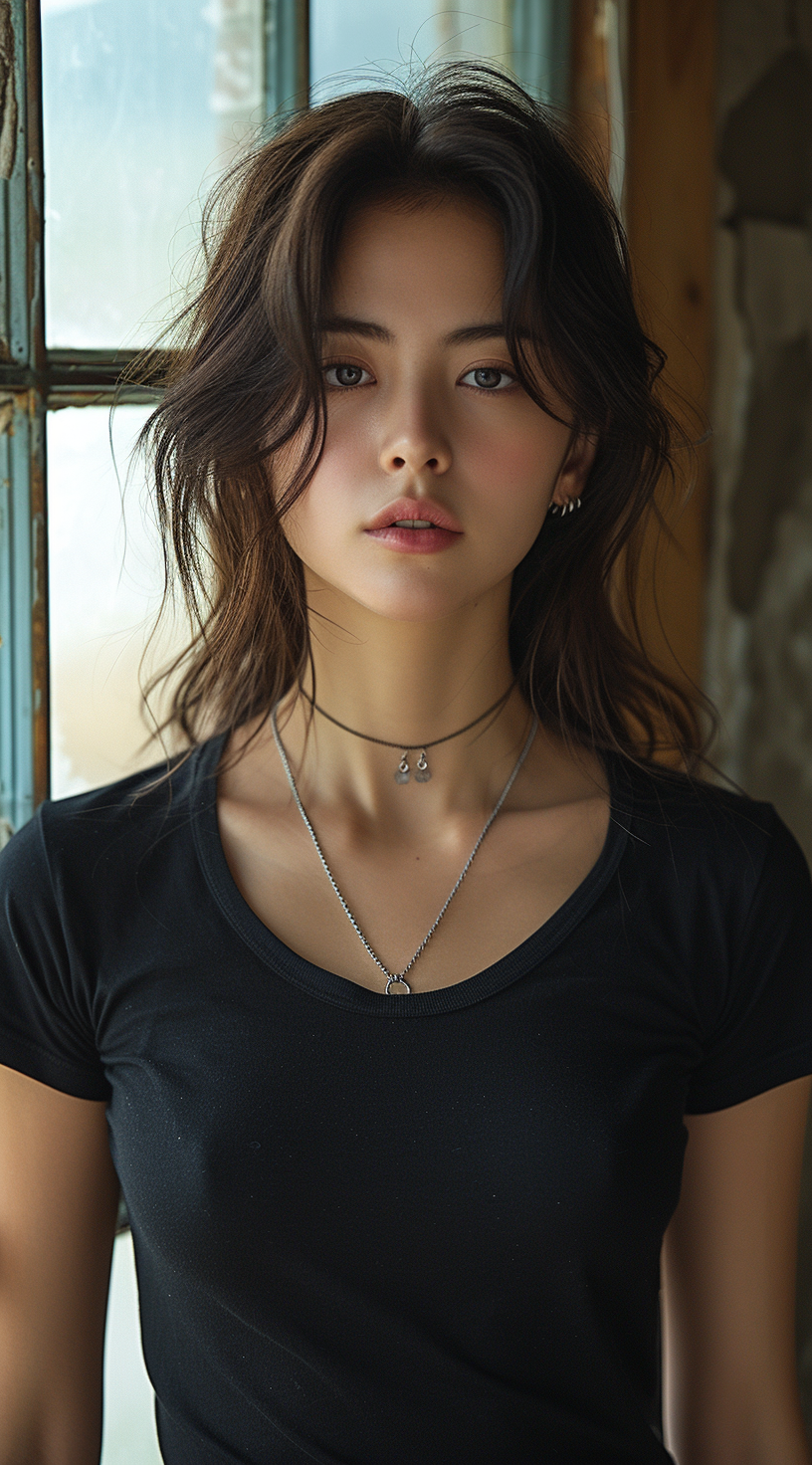 Midjourney prompt: woman in a black tshirt, in the style of sterling ... - Midjourney