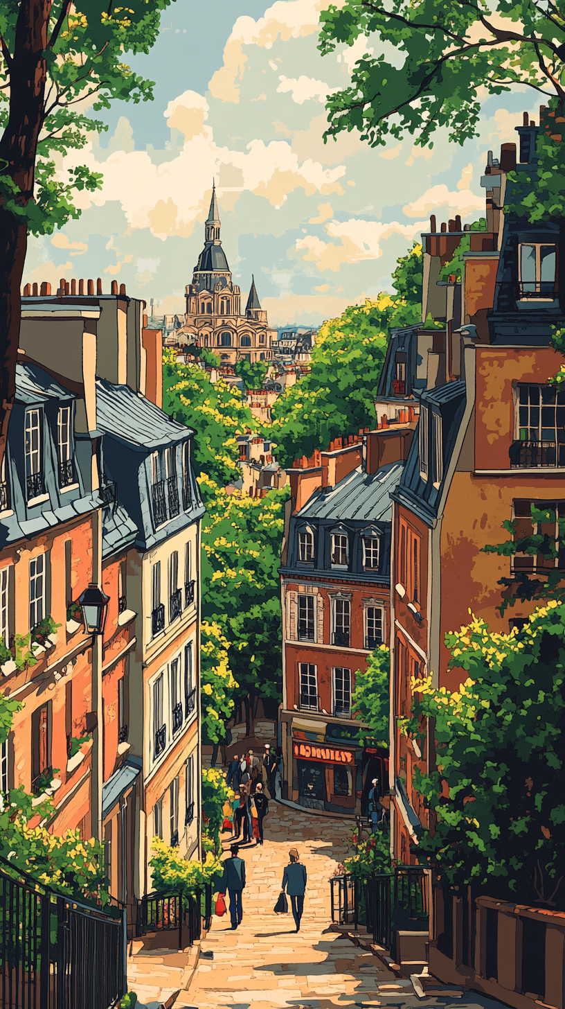 Midjourney prompt: Marni style illustration of Montmartre, green tree... - Midjourney