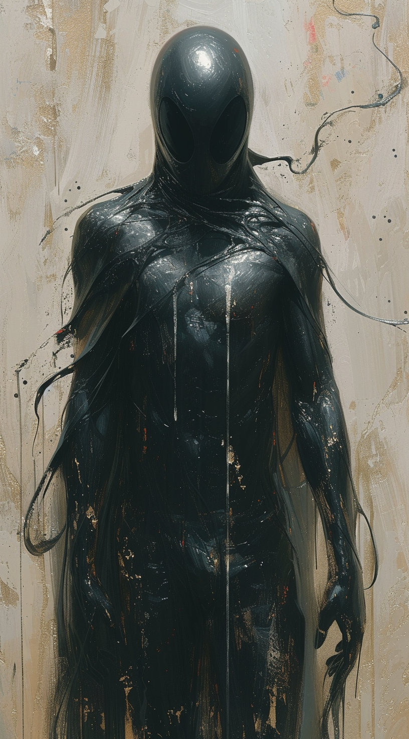 AI generated: Midjourney prompt: a man in black with silver paint covering him, in ... (Midjourney - Character Design)