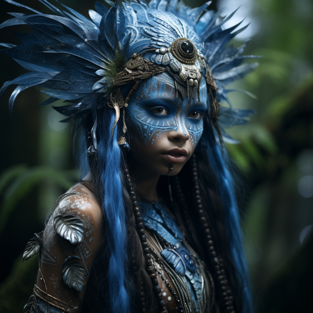 Midjourney prompt: a young woman dressed as an elf in mystical blue p... - Midjourney