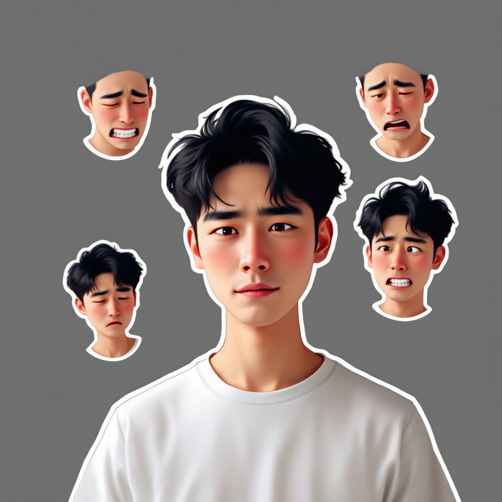 FLUX prompt: A young Asian man with short, wavy dark hair...