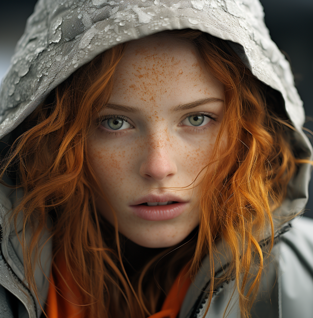 AI generated: Midjourney prompt: a woman with freckles looks out into the world, in... (Midjourney - Portraits)