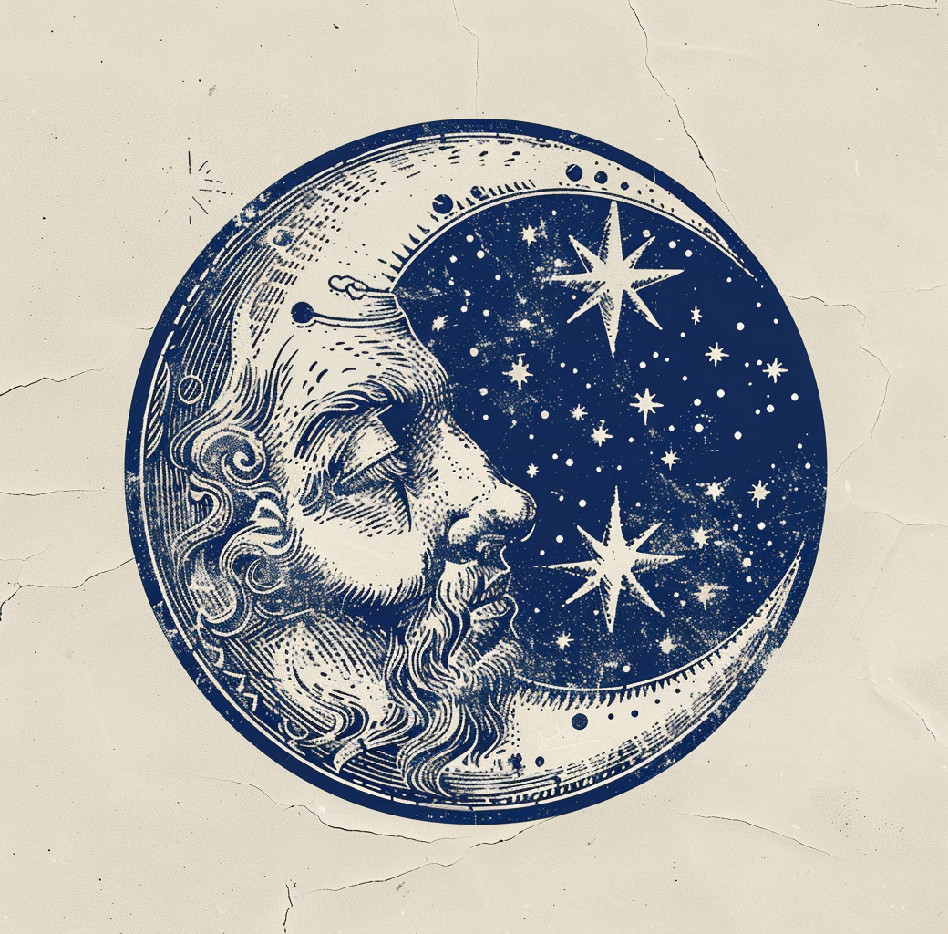 AI generated: Midjourney prompt: A vintage moon and stars sticker, hand drawn in an... (Midjourney - Concept Art)