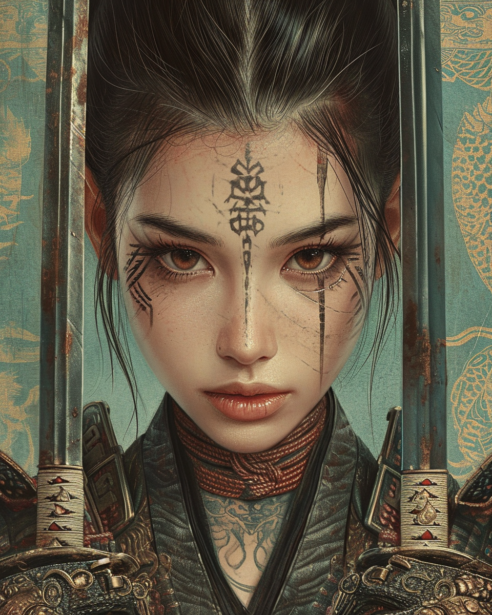 Midjourney prompt: a samurai girl with tattoos and two swords, in the... - Midjourney