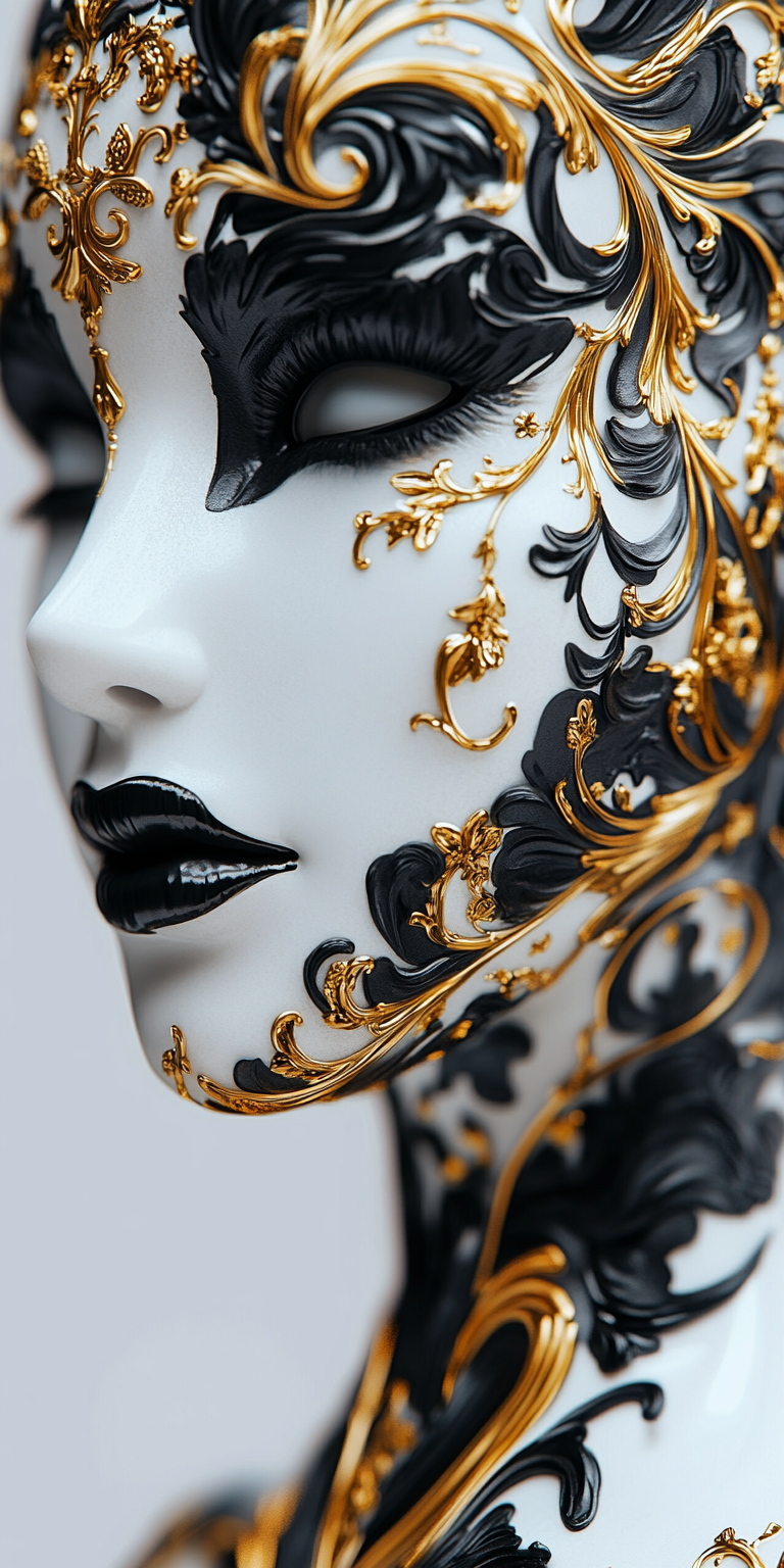 Midjourney prompt: Close-up of an ivory mask with black and gold flor... - Midjourney