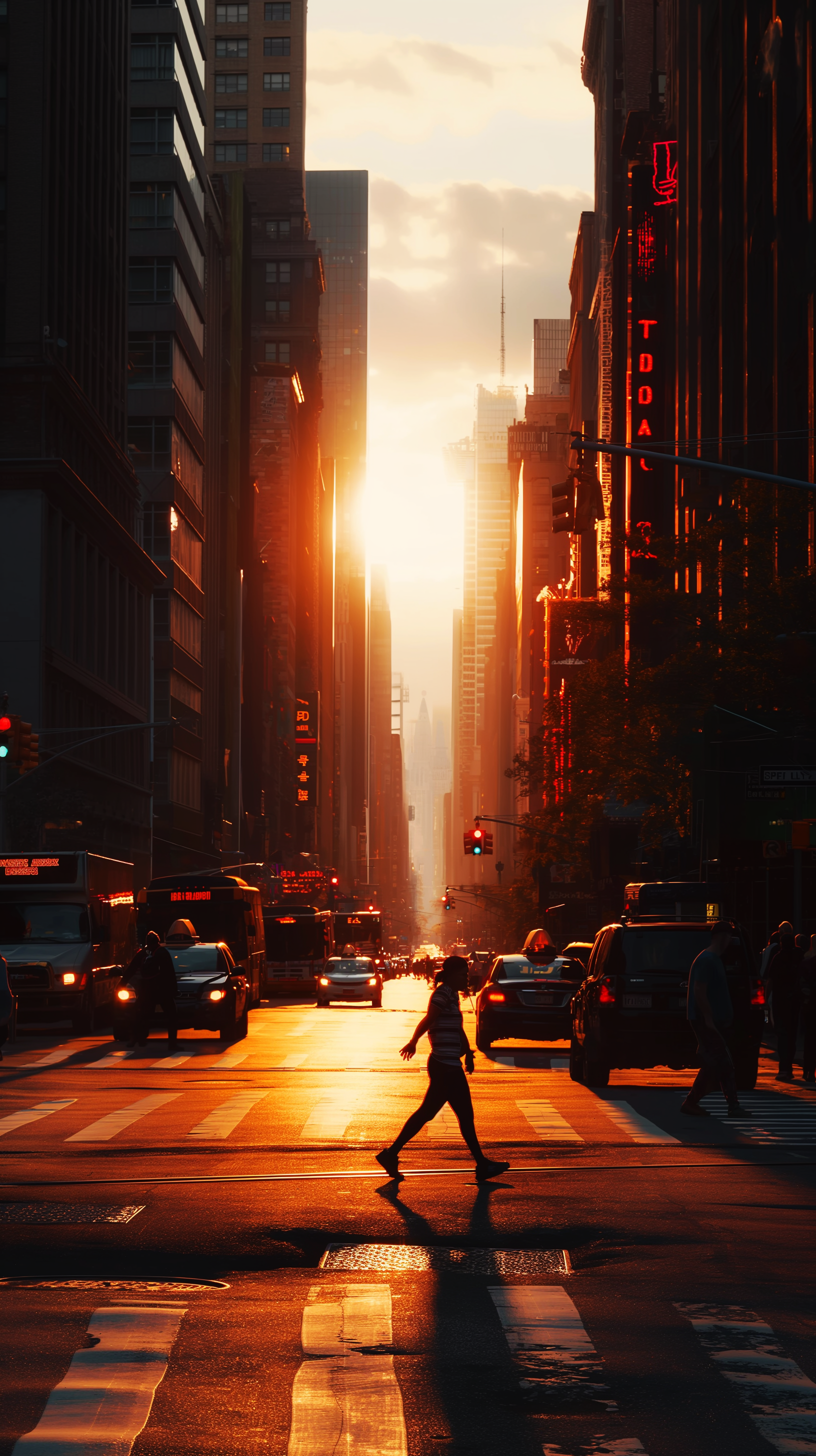صورة مولدة بالذكاء الاصطناعي: Midjourney prompt: cinematic, evening cityscape with a pedestrian cro... (نموذج Midjourney - تصوير فوتوغرافي)