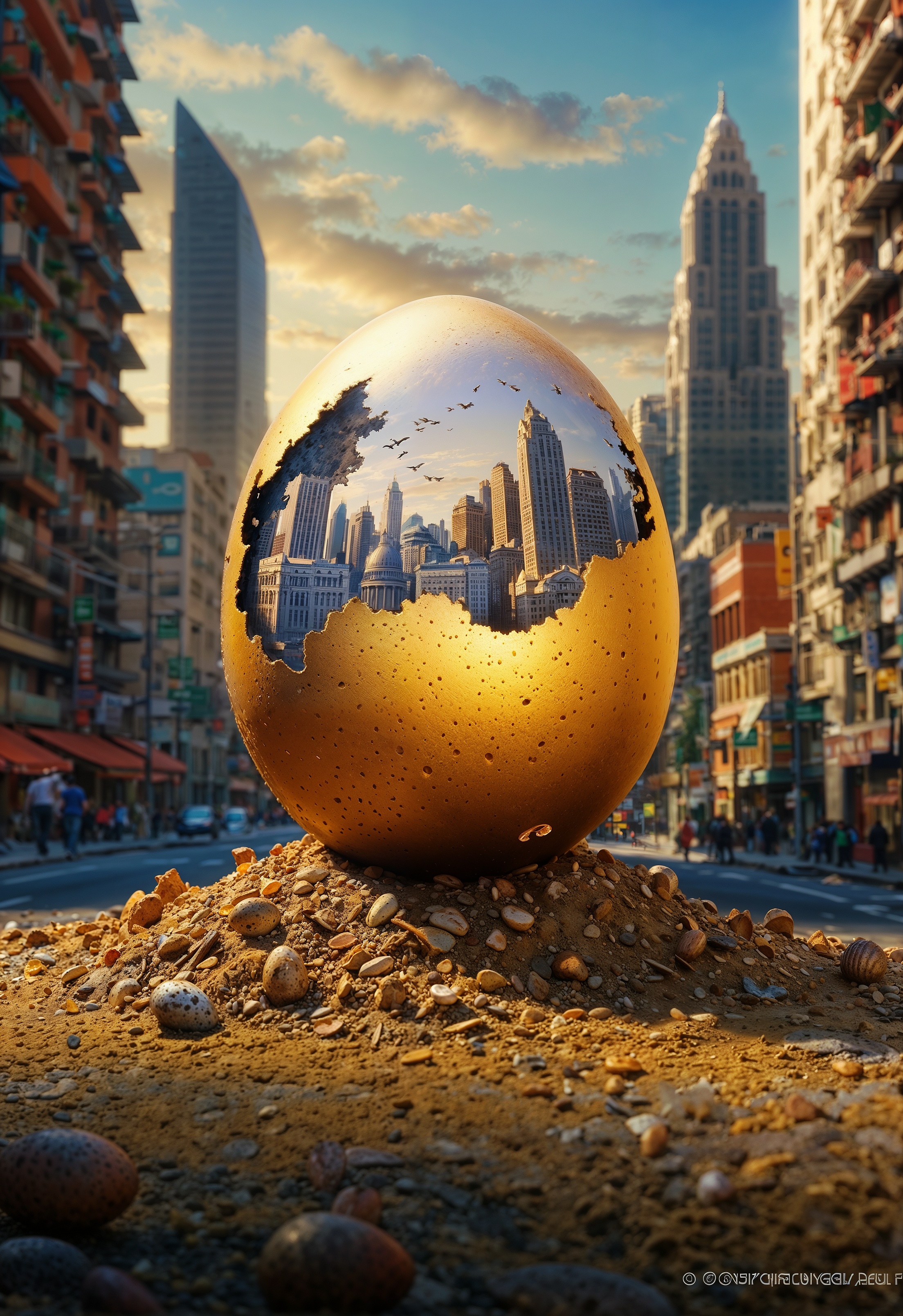 AI generated: City within Golden Egg (SD XL - Photography)