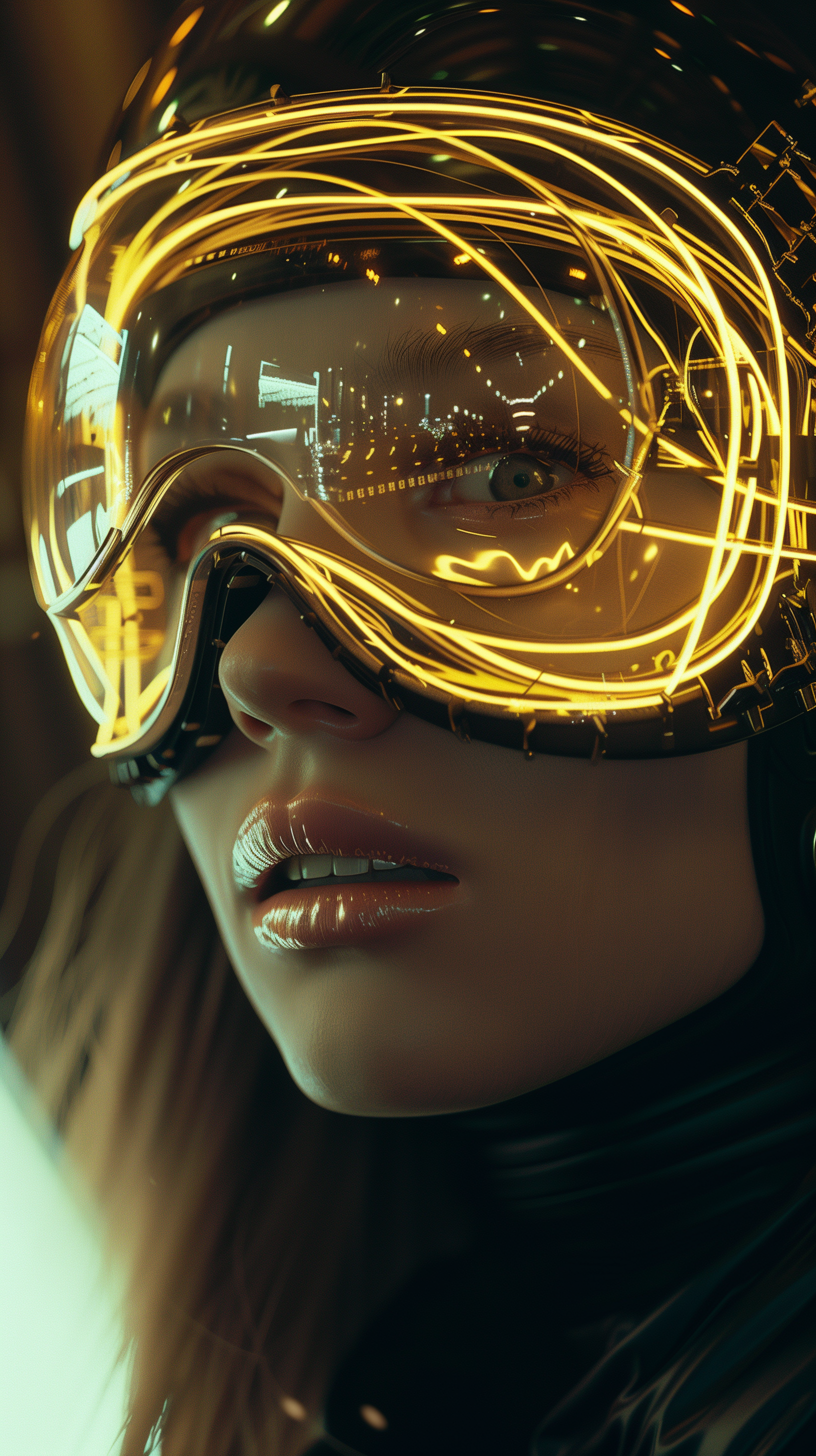 AI generated: Midjourney prompt: woman wearing a cyberpunk style shiny gold helmet ... (Midjourney - Portraits)