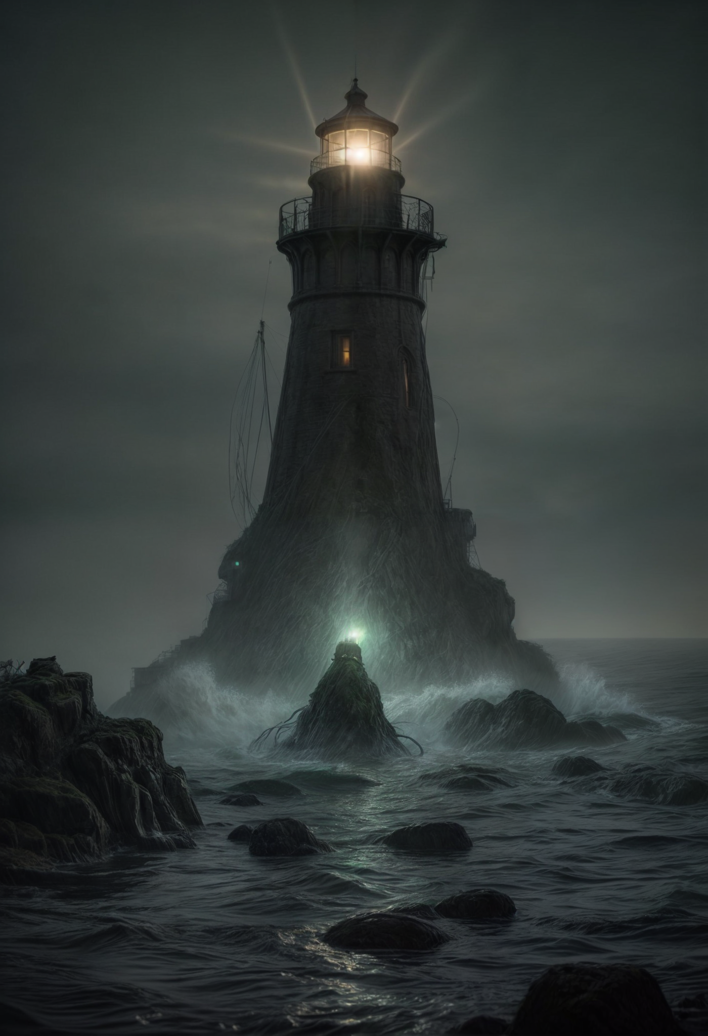 Stable Diffusion prompt: By H.P. Lovecraft,slimy monster at A lighthouse, ... - Stable Diffusion