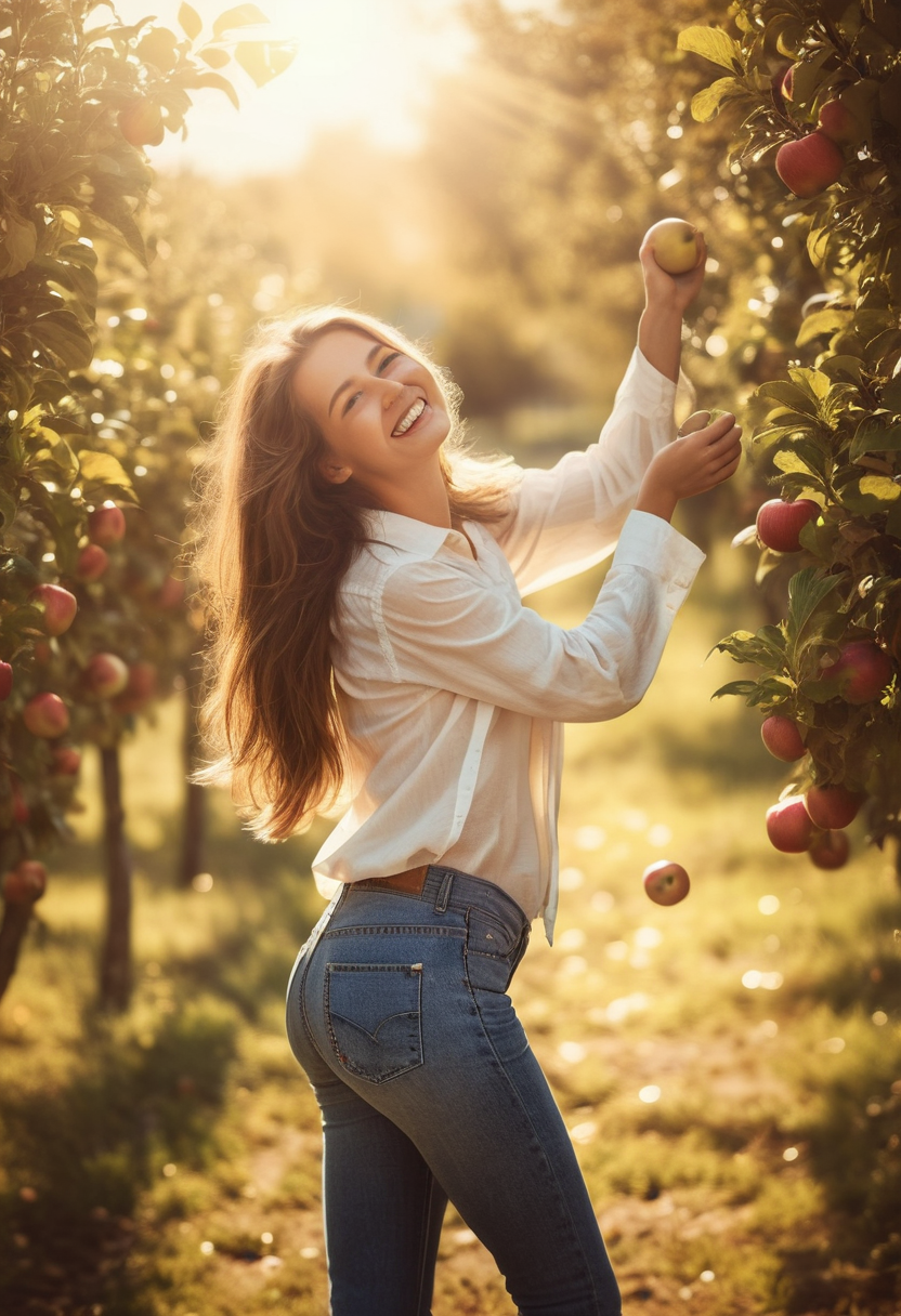 RealVisXL V4.0 prompt: photograph of a happy 25 year old woman picking ap... - RealVisXL V4.0