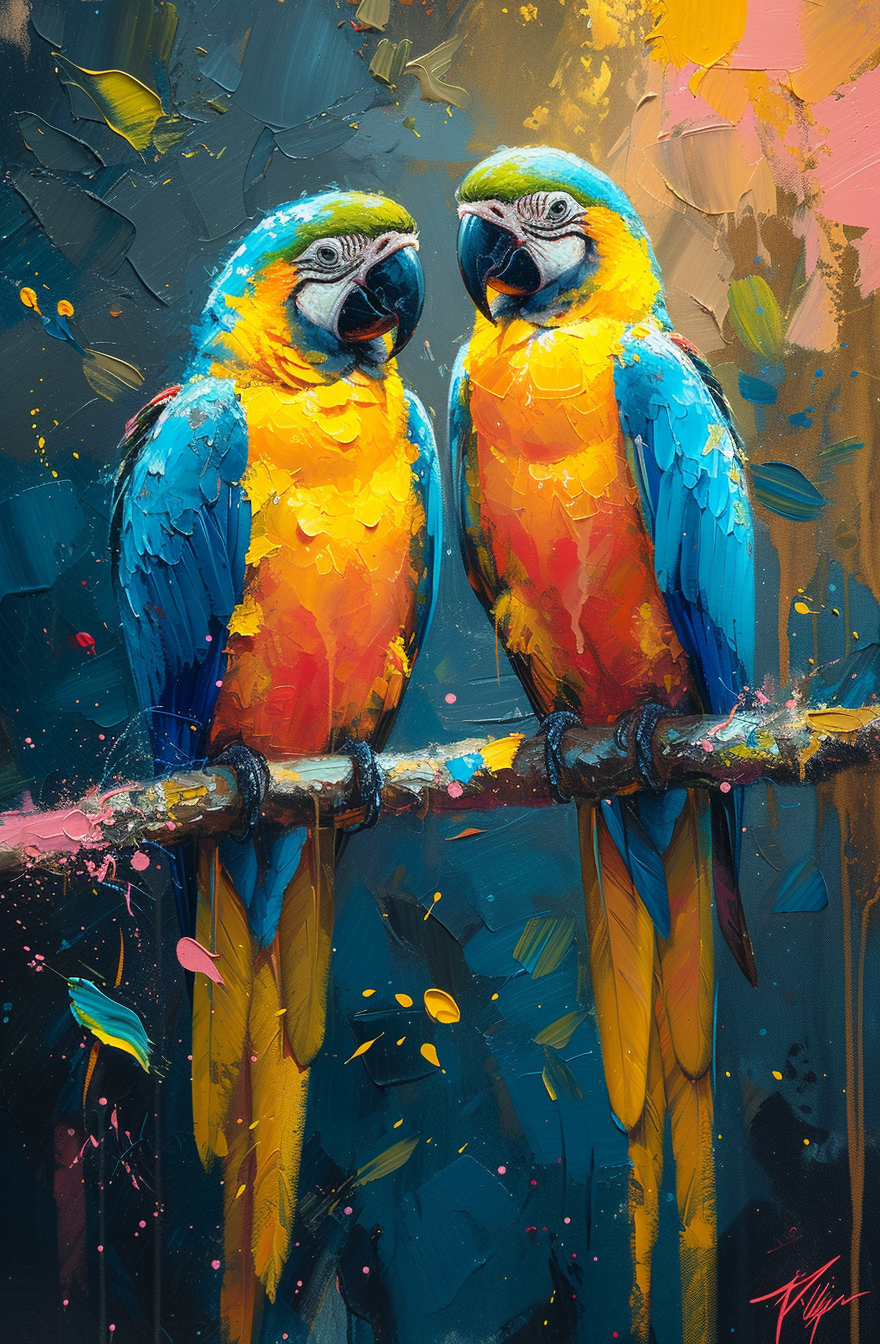AI generated: Midjourney prompt: a colorful painting of two parrots sitting on a br... (Midjourney - Concept Art)