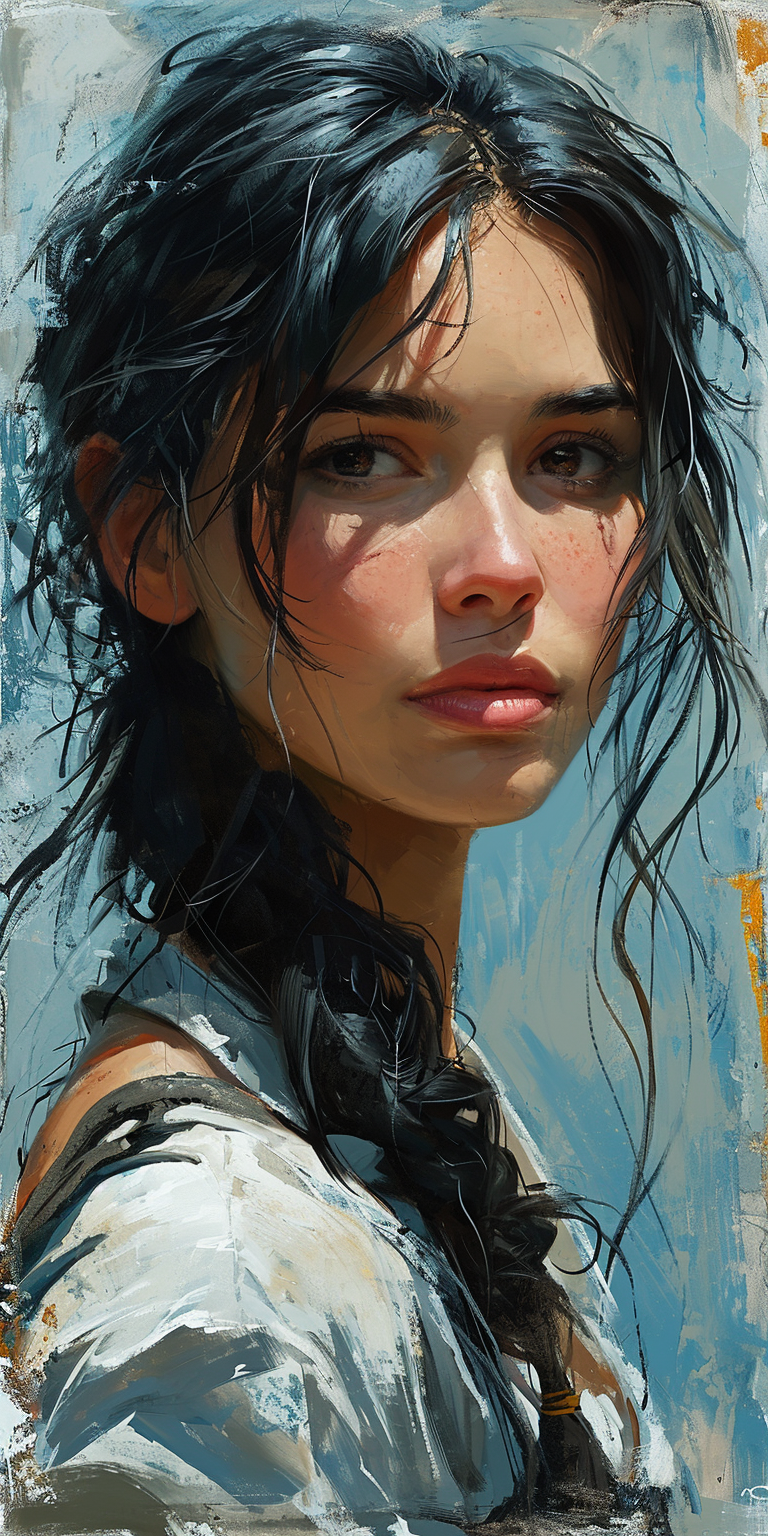 AI generated: Midjourney prompt: an oil painting of a woman with long black hair, i... (Midjourney - Portraits)
