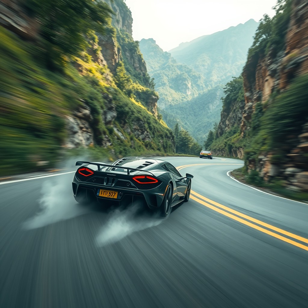 صورة مولدة بالذكاء الاصطناعي: FLUX prompt: supercar in a high-speed race on a winding mountai... (نموذج FLUX - تصوير فوتوغرافي)