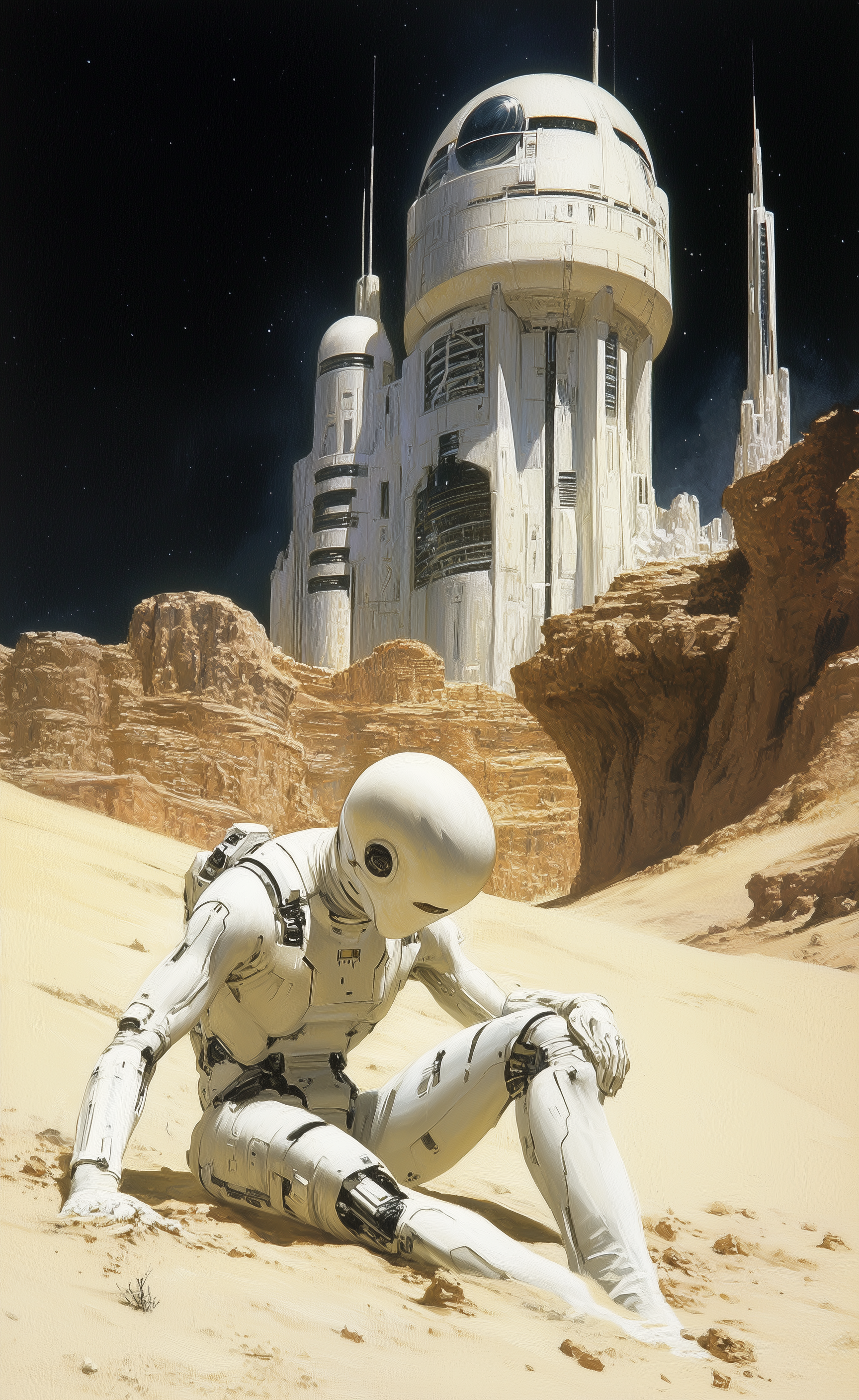 AI generated: Midjourney prompt: A white humanoid robot with no face, crawling on t... (Midjourney - Concept Art)