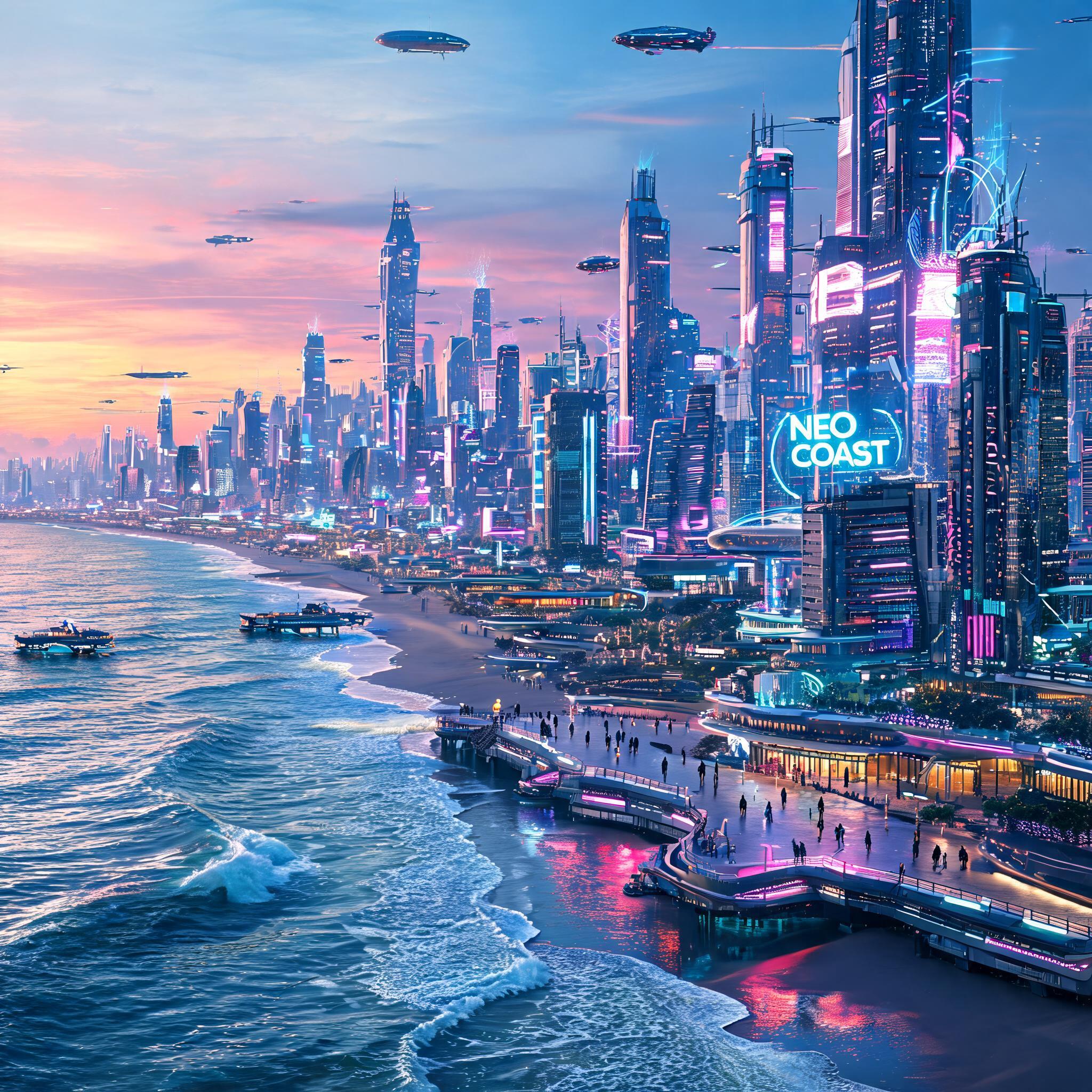 صورة مولدة بالذكاء الاصطناعي: موجّه Seedream 5: أنشئ صورة لمدينة ضخمة مستقبلية على الساحل (نموذج Seedream 5 - فن مفاهيمي)
