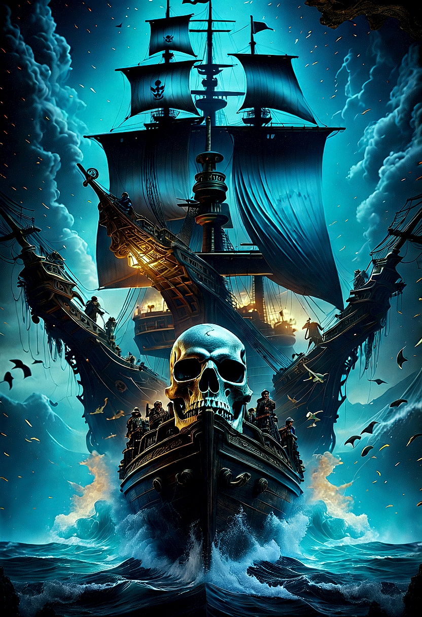 AI generated: Stable Diffusion prompt: The image features a large pirate ship sailing on ... (Stable Diffusion - Concept Art)
