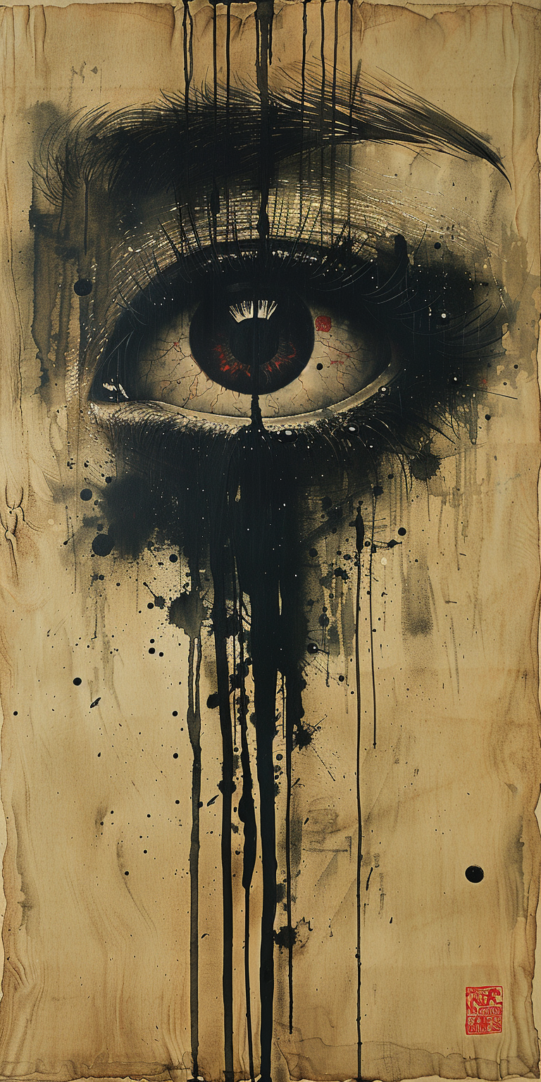 AI generated: Midjourney prompt: a print of an eye splashed with paint and stains o... (Midjourney - Concept Art)