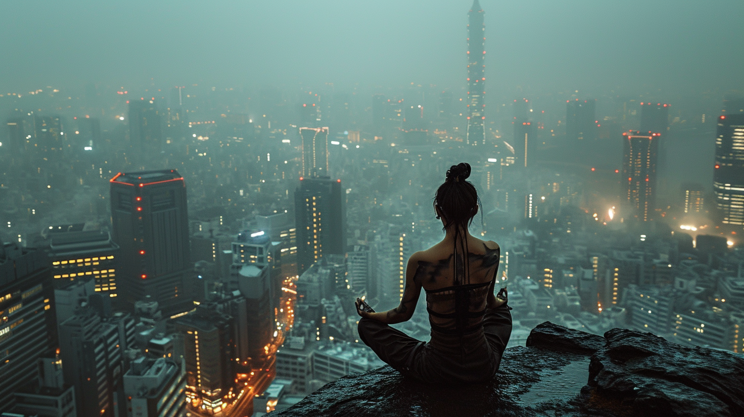 AI generated: Midjourney prompt: Cinematic, photo of a cyborg samurai woman, medita... (Midjourney - Photography)