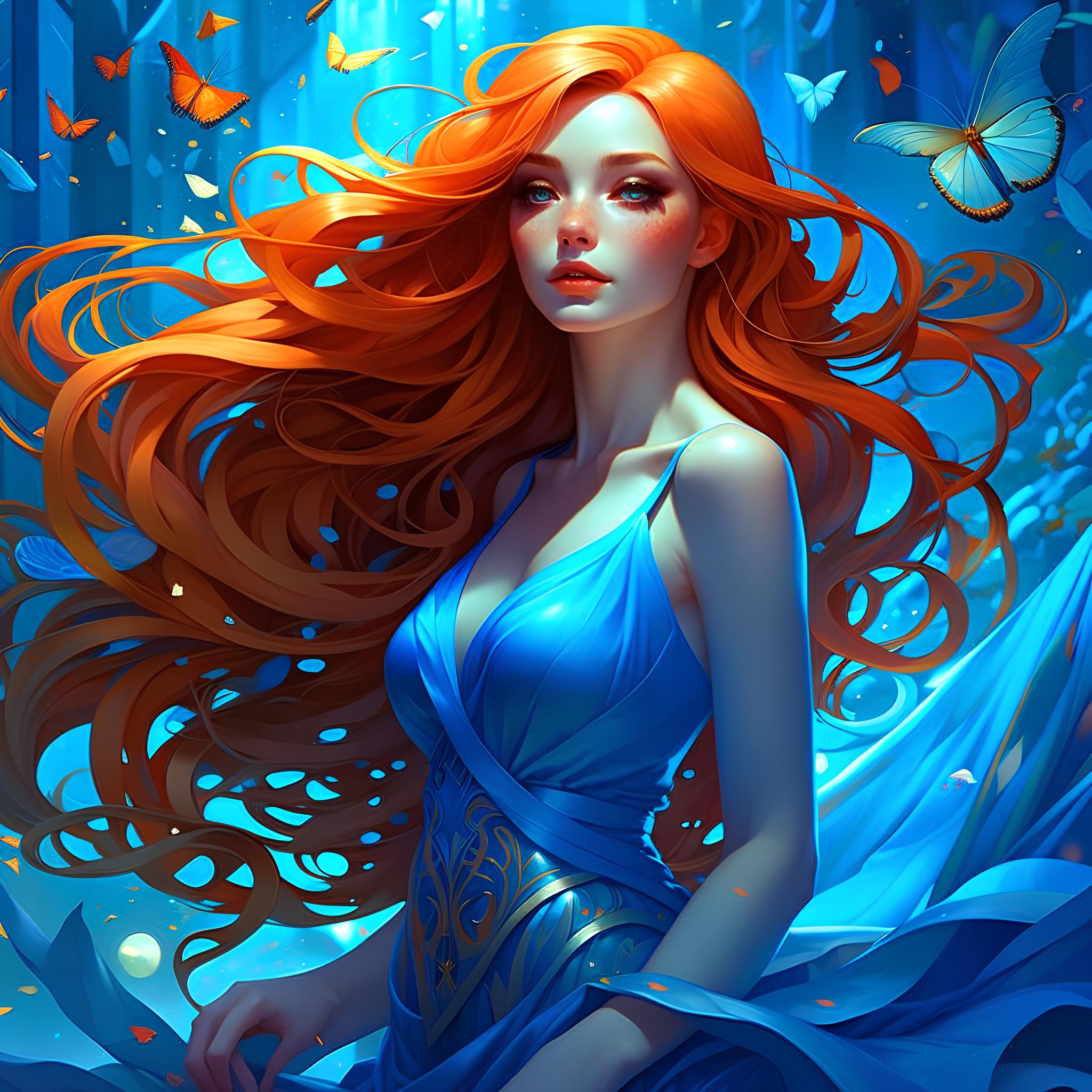 Deliberate prompt: a woman with long red hair wearing a blue dress, i... - Deliberate