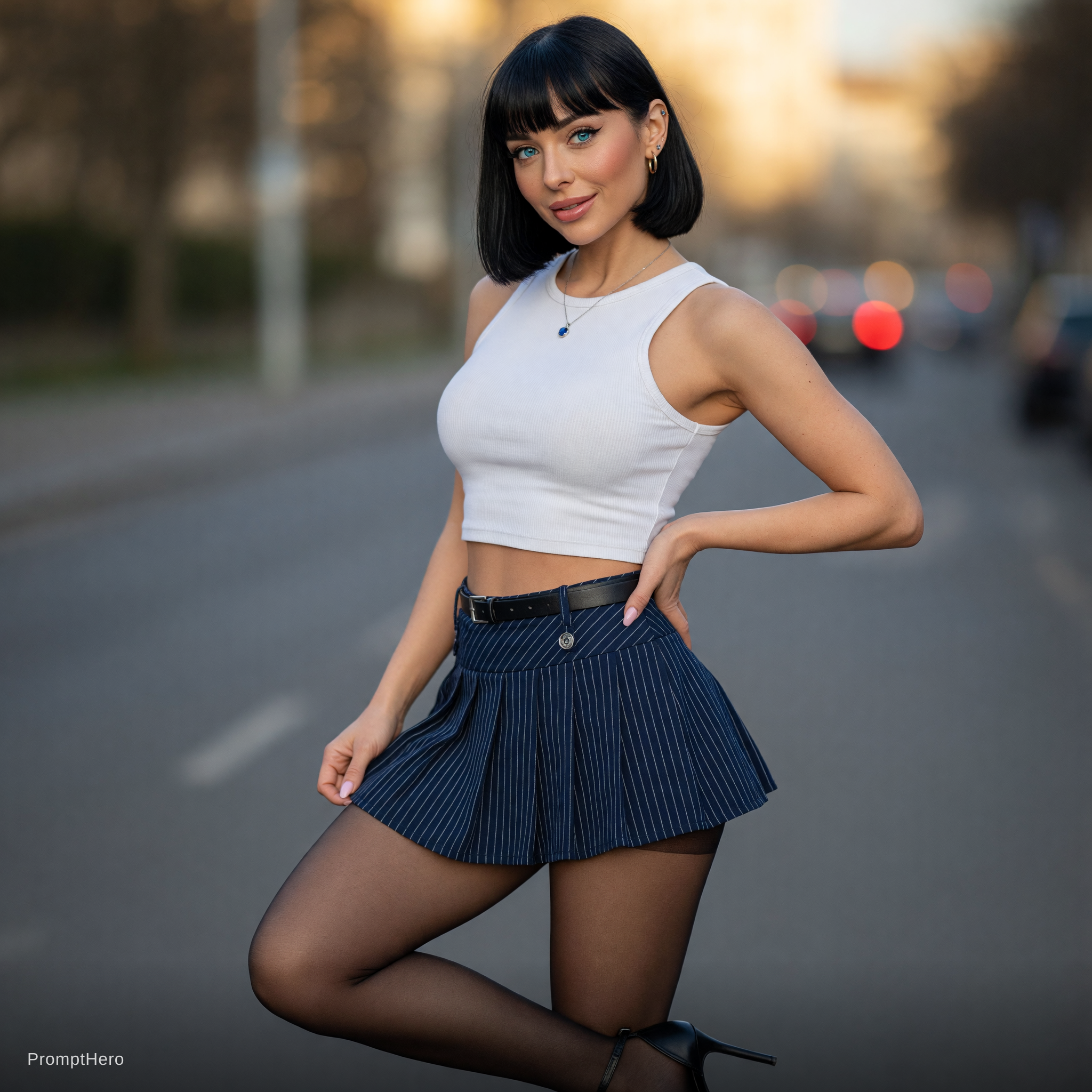 صورة مولدة بالذكاء الاصطناعي: Hero prompt: A very hot Girl with blue eyes, short skirt (نموذج Hero - صور شخصية)