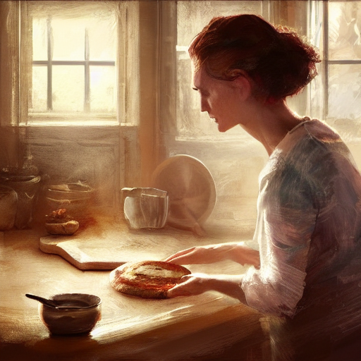 Stable Diffusion prompt: a mother proudly baking in the k...