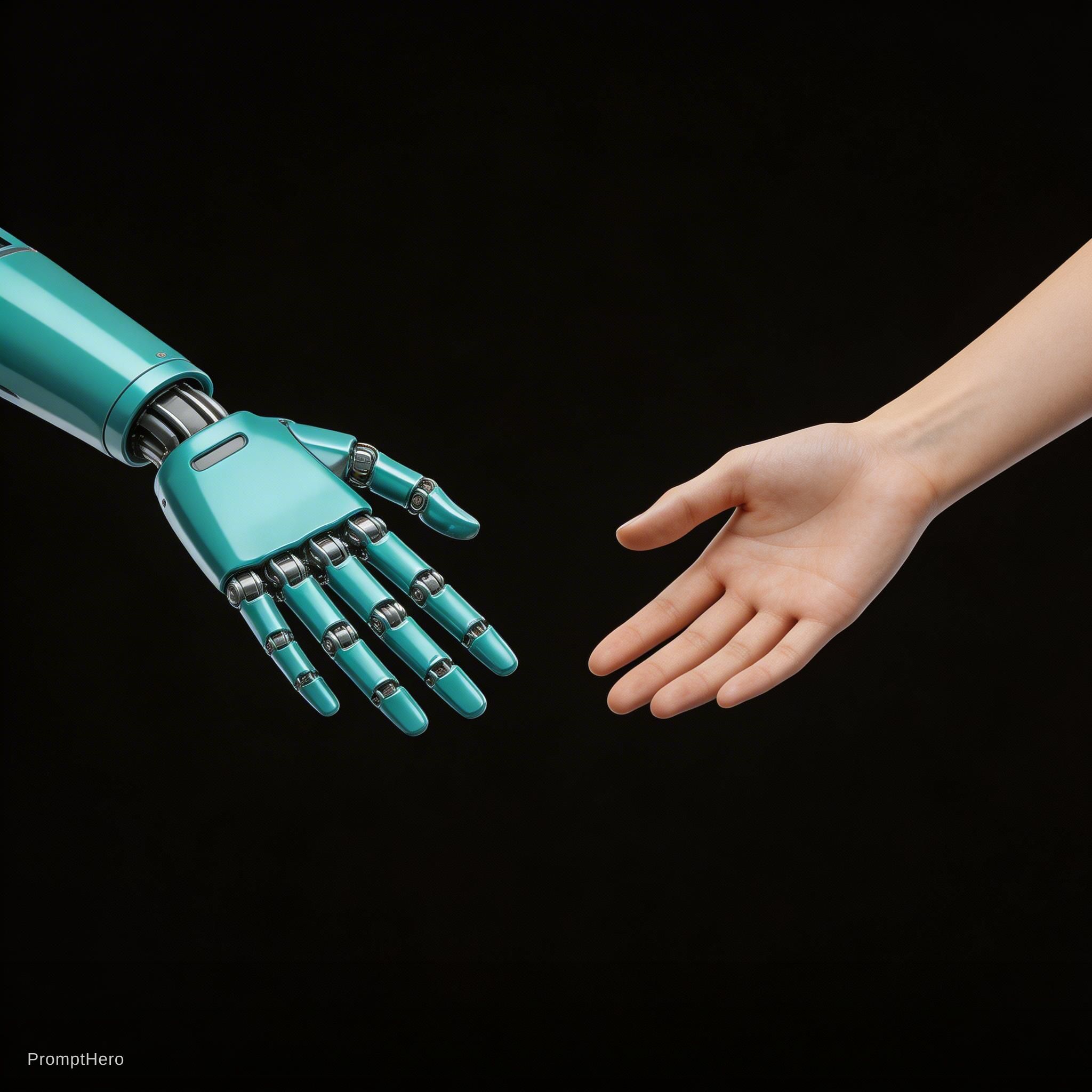 AI generated: Seedream 5 prompt: 2 Hands. Hand 1: Robot hand, colour turquois metal... (Seedream 5 - Concept Art)