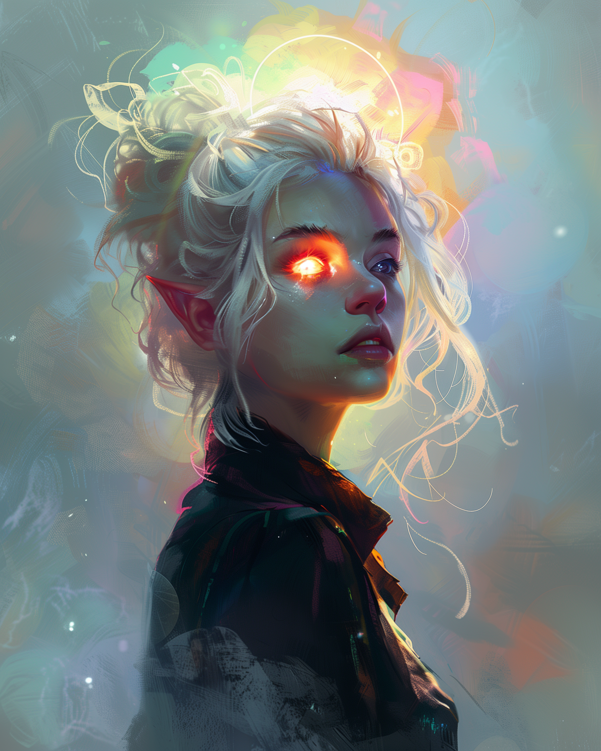 صورة مولدة بالذكاء الاصطناعي: Midjourney prompt: A female elf with glowing eyes, she has white hair... (نموذج Midjourney - صور شخصية)