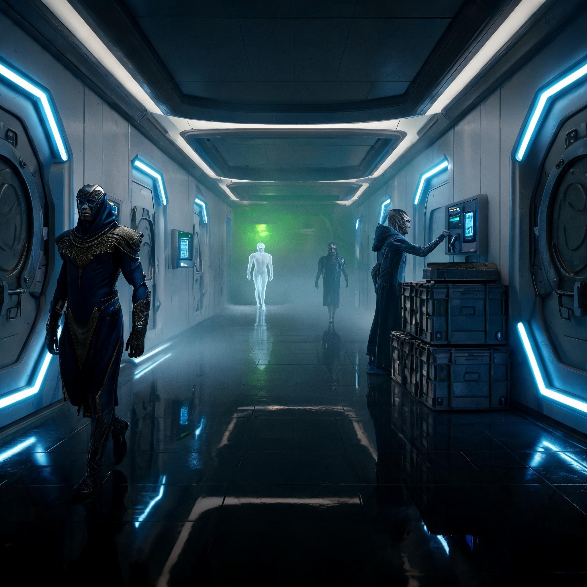 صورة مولدة بالذكاء الاصطناعي: Seedream 5 prompt: A tense cinematic science-fiction corridor scene i... (نموذج Seedream 5 - عمارة وتصميم)