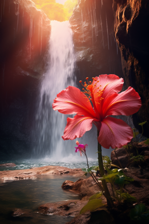 AI generated: Midjourney prompt: A photograph of a flower blooming under a waterfal... (Midjourney - Photography)