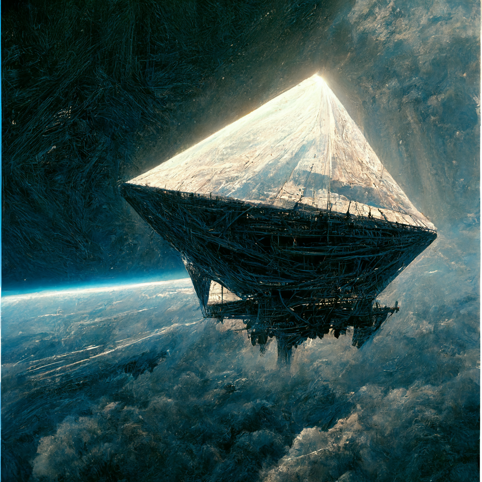 Midjourney prompt: inverted pyramidal megastructure alien...
