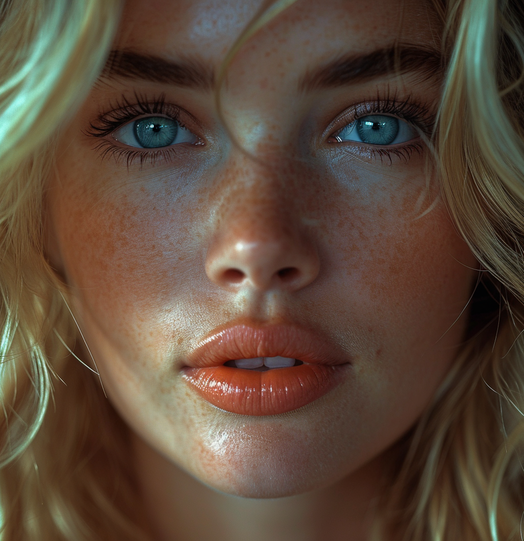 Midjourney prompt: a blue eyed woman with blonde hair, in the style o... - Midjourney