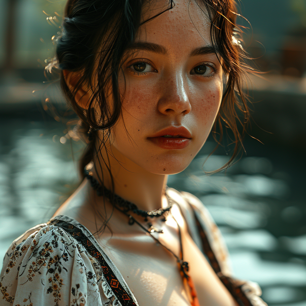 صورة مولدة بالذكاء الاصطناعي: Midjourney prompt: a beautiful lady in a poses in front of a pool, in... (نموذج Midjourney - صور شخصية)