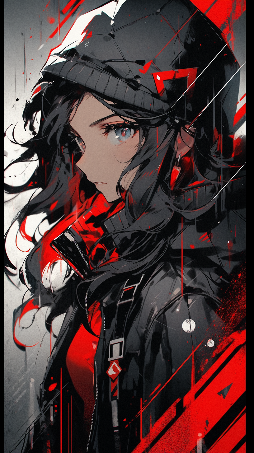 AI generated: Midjourney prompt: a painting of woman with red and black stripes, in... (Midjourney - Anime)