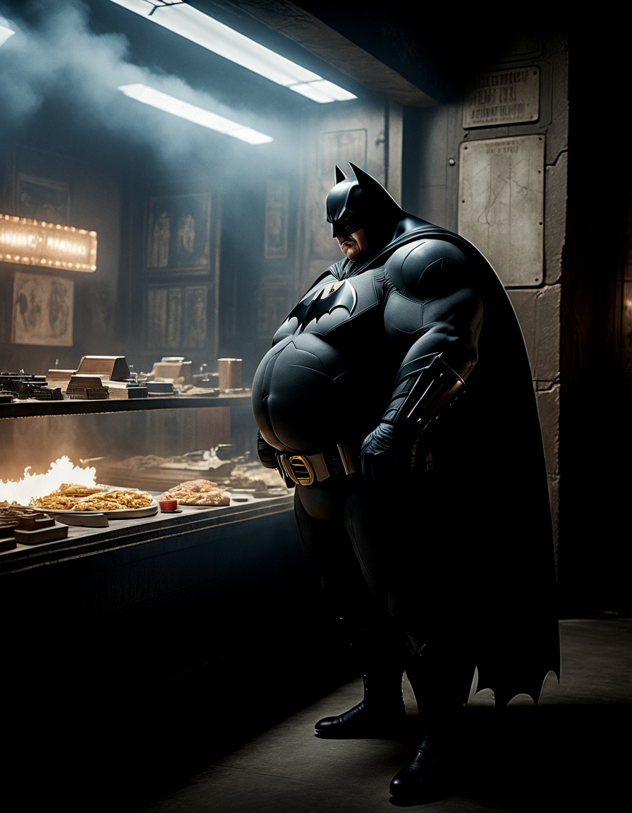 صورة مولدة بالذكاء الاصطناعي: Stable Diffusion prompt: The image features a man dressed as Batman, but wi... (نموذج Stable Diffusion - تصوير فوتوغرافي)