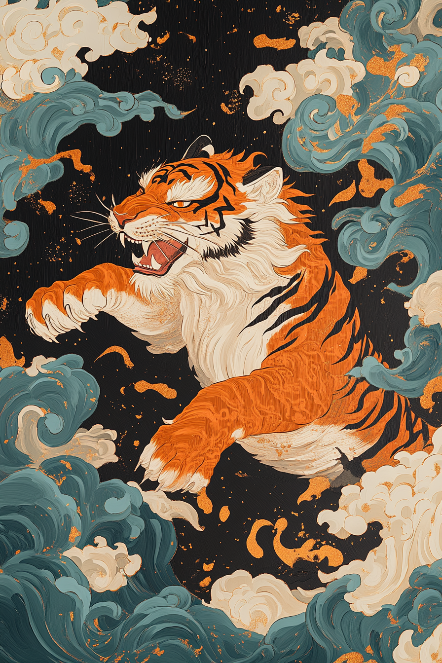 AI generated: Midjourney prompt: A Maki-e lacquer artwork of a tiger, depicted with... (Midjourney - Concept Art)