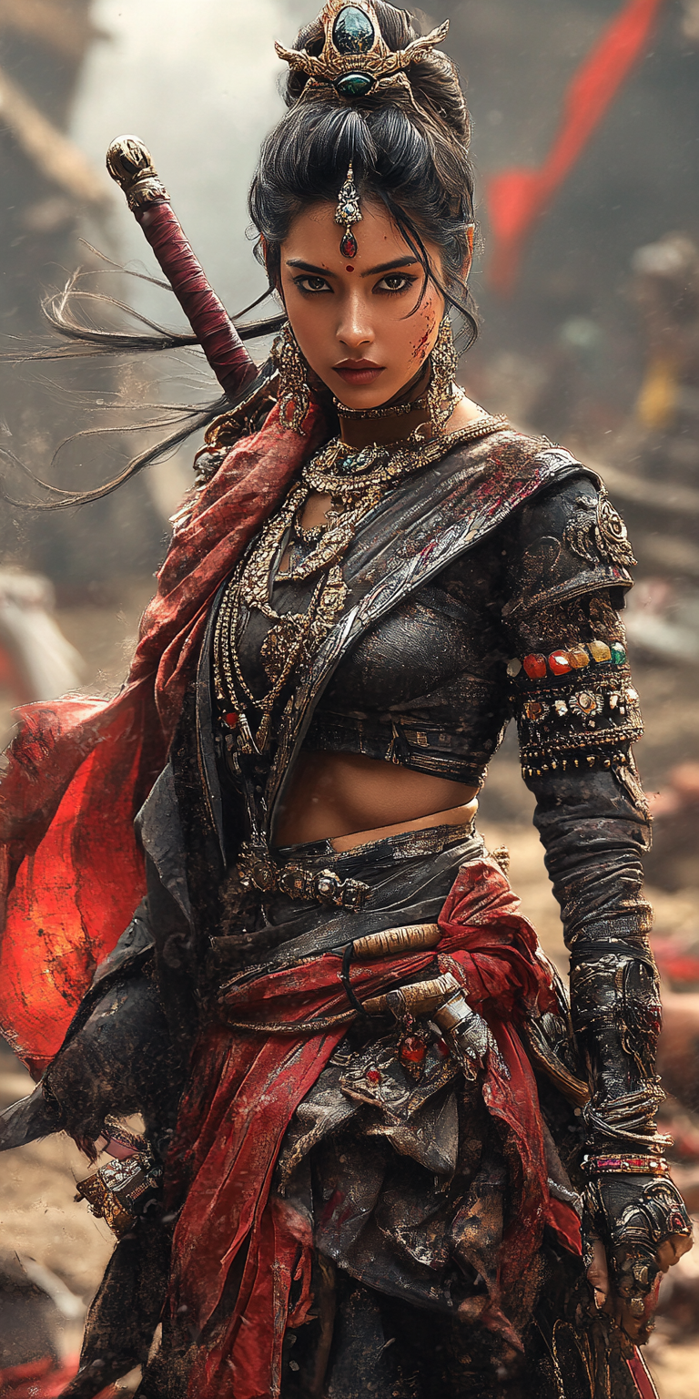AI generated: Midjourney prompt: A beautiful, brave, indian woman as a towering, ba... (Midjourney - Portraits)